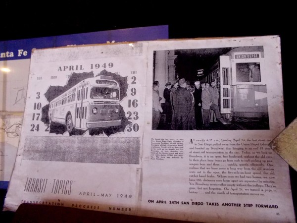 A magazine article on display for train buffs and history enthusiasts to check out. Buses replace the old network of trolleys in 1949.