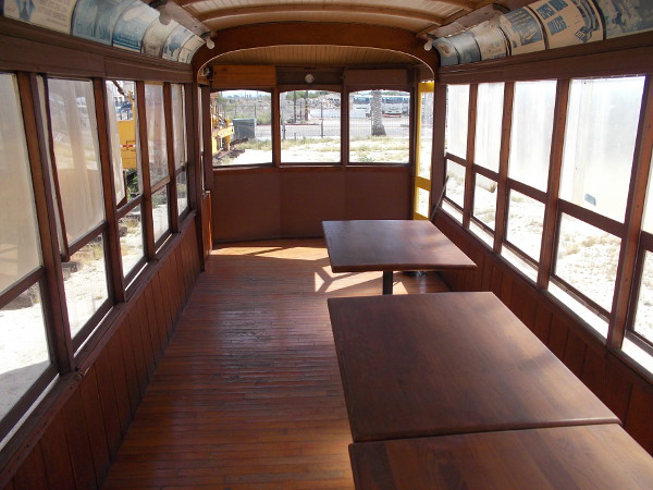 Inside the old Birney Car. I'm hungry for some spaghetti! Where are the chairs?