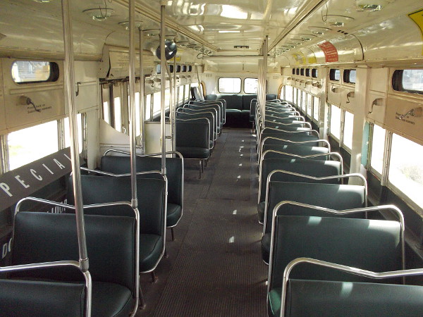Inside the fabulous PCC car. The San Diego Trolley has two completely restored cars of this type, now running on downtown's Silver Line.