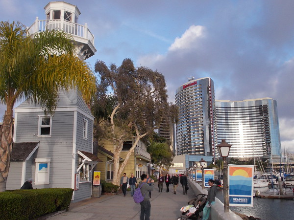Walking through Seaport Village toward the Marriott Marquis and Marina. The beautiful hotel is shining like precious silver.