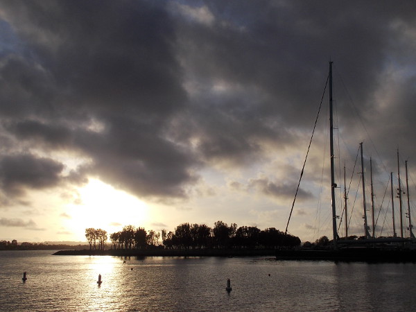 The sun is almost ready to set over San Diego Bay. Golden light now prevails.
