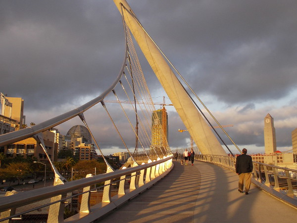 A golden pathway through the city. Amazing beauty seen during a late afternoon walk on the bridge over Harbor Drive.