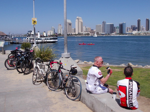 Bicyclists relax after a ride along the Bayshore Bikeway. Another perfect day.