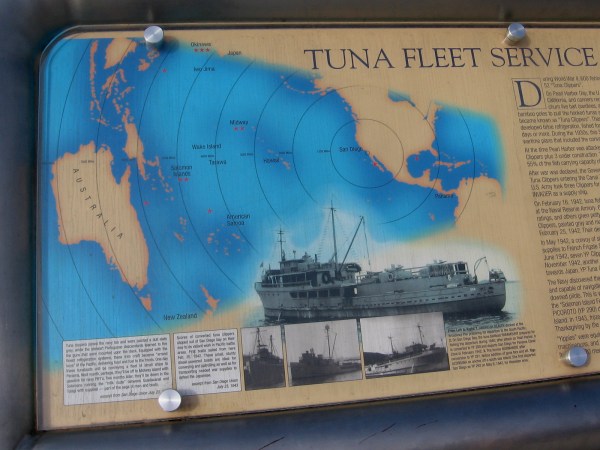 Left part of the sign depicts map of the Pacific theater of World War II in relation to San Diego. Pictured are some vessels that participated.