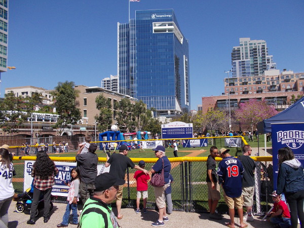 Photo of the busy children's baseball field, an awesome feature of the public park situated beyond Petco Park's outfield.