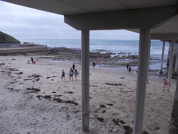 Looking under the OB pier as I climb up its stairs for an overhead view of the tide pools.