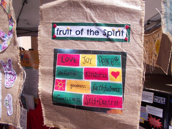 Some of the values highlighted at the Kids For Peace table. Love, joy, peace, patience, kindness, goodness, faithfulness, gentleness, self-control.