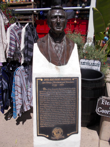 Bronze bust of Don Jose Antonio Aguirre, near entrance to Casa de Aguirre. Born in Spain, he owned several ships and warehouses and imported goods from Peru and China to trade for cowhides and tallow.