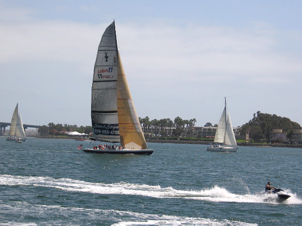 I rested for a bit on the fishing pier at Embarcadero Marina Park South. Here comes the Stars and Stripes racing yacht, carrying people enjoying an adventure on our picturesque bay.
