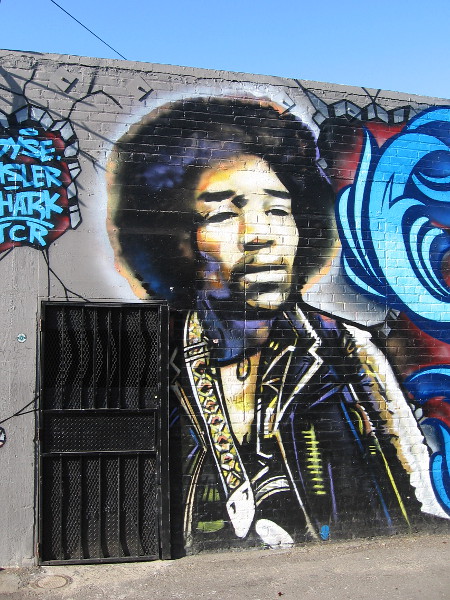 The immortal Jimi Hendrix gazes out from an OB wall.