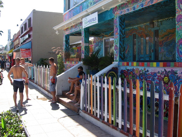 Those look more like surfers than hippies. Hanging out in front of the fun youth hostel in OB.