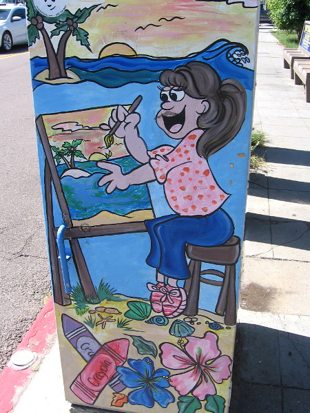 A happy artist applies brush to canvas, painted on a utility box in Ocean Beach. Please disregard the mustache!
