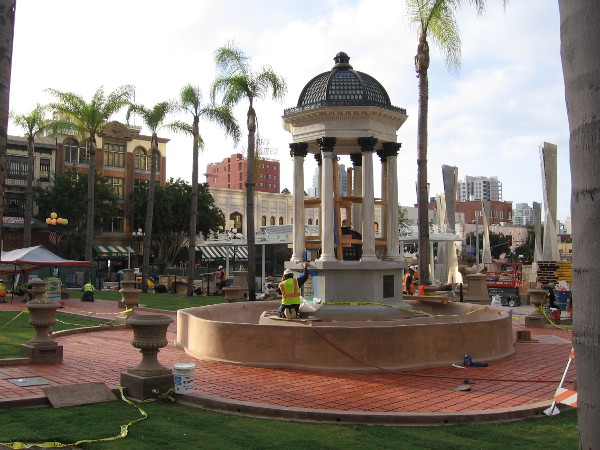 The historic 1910 Broadway Fountain, designed by Irving Gill, is prepared for the amazing new Horton Plaza Park's grand opening.