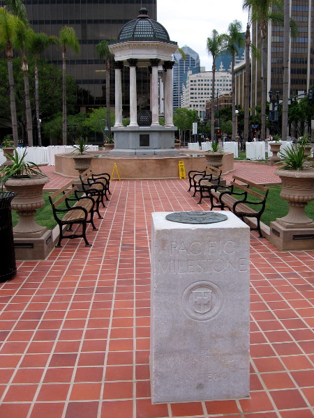 The Pacific Milestone in today's Horton Plaza Park marks the western terminus of The Old Spanish Trail, which traversed the American continent to St. Augustine, Florida.