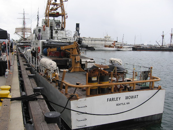 Photograph of M/V Farley Mowat the following cloudy morning. Visitors were being given tours aboard the vessel.