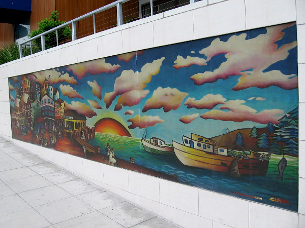 Little Italy mural painted by artist Stephanie Clair shows the life of a fishing town. Perhaps it resembles San Diego's past.