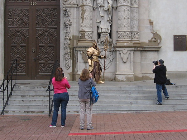 Visitors to Balboa Park in San Diego were surprised to see an exotic medieval knight in elaborate golden armor standing guard near the entrance to the Museum of Man.