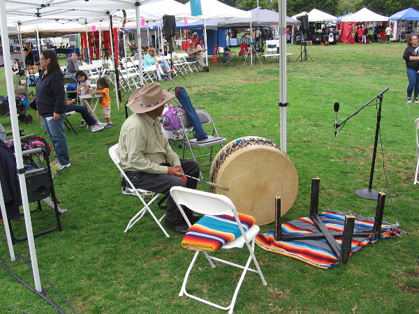 A large drum awaits on the grass as the Native American Pow Wow in San Diego has just begun.
