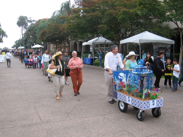 Here comes the Floral Wagon Parade down El Prado. Lots of colorful blooms have been arranged to delight onlookers!