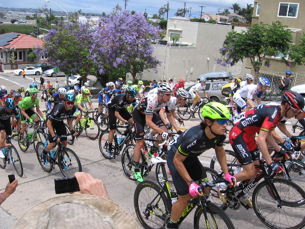 Hoping for glory, bicyclists in the Tour de California power up Laurel Street hill in San Diego.