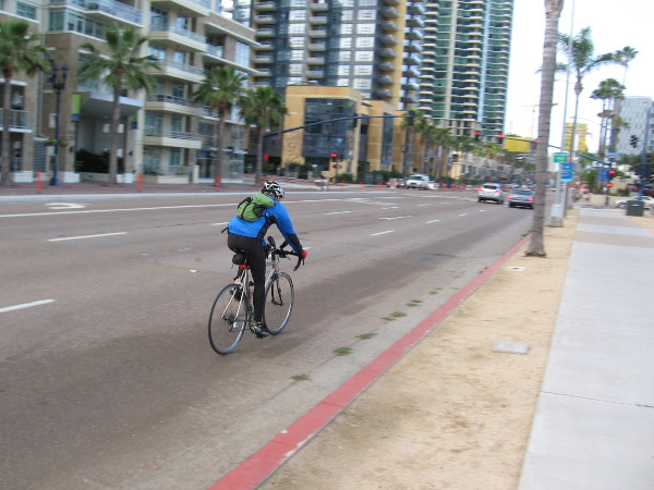 A bicyclist rolls down Pacific Highway on the morning of San Diego's Bike to Work Day.