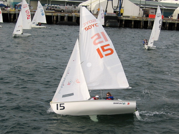 A team that competed in College Sailing's ICSA Women's Semifinals starts back across San Diego Bay before night falls.