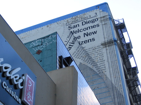 Looking up at a corner of the America’s Finest City mural on Sixth Avenue.