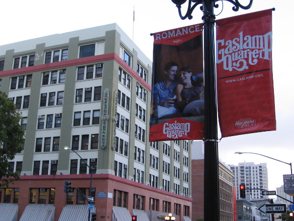 Banner promotes romance in the Gaslamp Quarter. The nearby Jewelers Exchange in the Timkin Building at the corner of Sixth and E Streets is packed with dozens of small jewelry vendors.