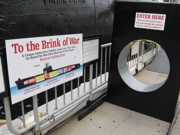 Sign shows main parts of the museum's current Cuban Missile Crisis exhibit. Inside the sub, one must nimbly climb through small circular openings!