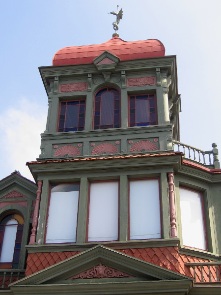 Looking upward at the elaborate tower. I was allowed to closely approach this outside part of the Villa Montezuma on a tour day.