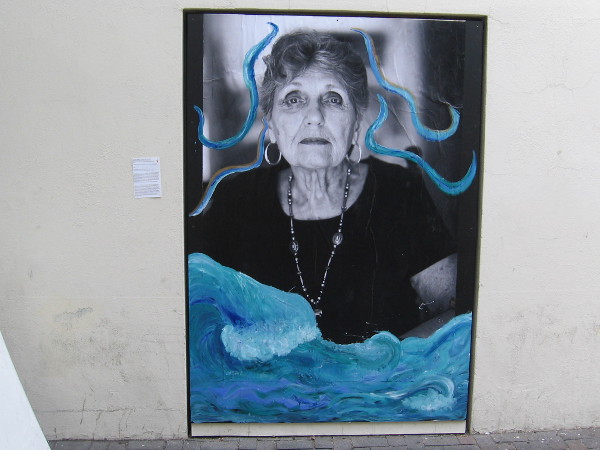 An arresting work of art glimpsed in downtown San Diego near the Santa Fe Depot. A strong woman rises from the turbulent ocean. Part of MCASD's FOCUS Binational Exhibition.