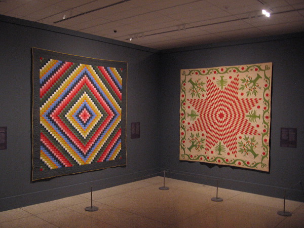 Amazing early American quilts on display at the San Diego Museum of Art feature beautifully contrasted colors and abstract designs.