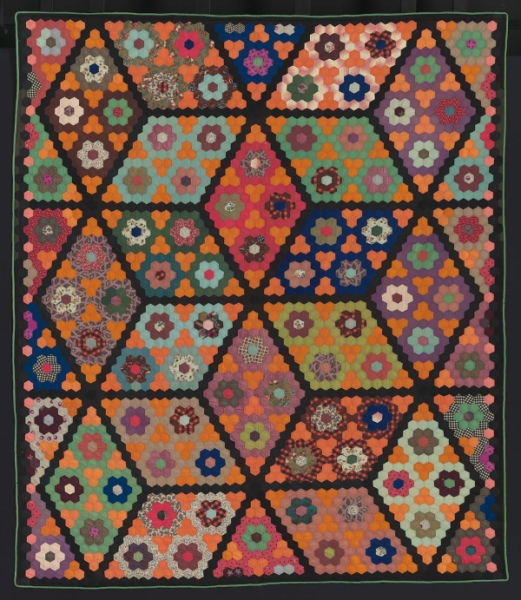Field of Diamonds quilt, about 1860. The design is achieved by creatively combining hexagons.