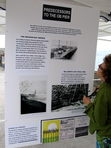 Before the OB Pier was built, the Mission Bay Bridge across the San Diego River was used by trolleys, cars and fishermen. The Del Monte Avenue Steel Pier's construction was halted due to WWII.