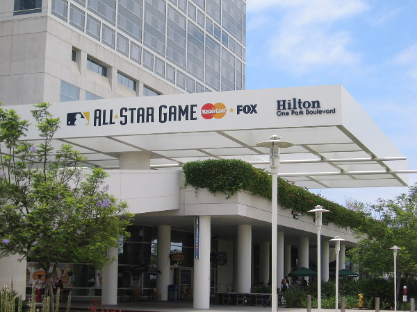 All-Star Game sign not far from the grass where a special MLB outdoor event will begin Thursday, called PLAY BALL PARK, which will entice youth to have fun playing baseball. Inside the Hilton San Diego Bayfront is the Fox Sports Grill, which should also be a hub of activity during All-Star Game weekend.