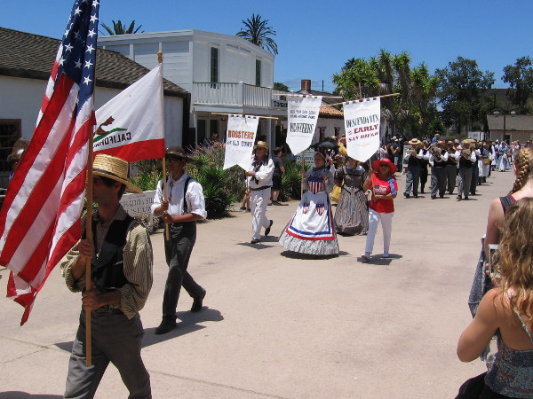 Represented in the small patriotic parade were Old Town volunteers, boosters, and descendants of early San Diego.