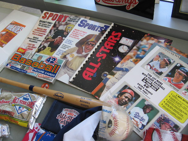 There were so many cool baseball sights to absorb! Displayed were old magazines, autographed baseballs, pennants, souvenir bats--you name it.