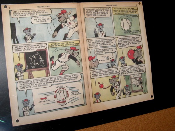 Vintage comic book explains how pitchers apply spin to a baseball, making a ball move differently as it approaches the batter.