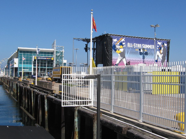 Festive All-Star graphics adorn a large stage on the Broadway Pier. I was told there will be a big Major League Baseball VIP party here.