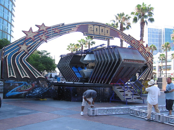 By the Tin Fish, across from the convention center, an attraction is being built for San Diego Comic-Con. This will promote the upcoming NBC television series Timeless. It appears to be a time machine!