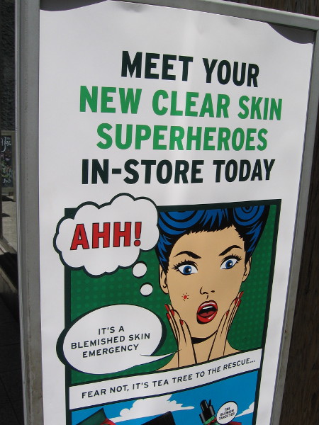 Good grief! Even a clear skin concoction vendor in the Horton Plaza shopping mall is ready for Comic-Con customers!