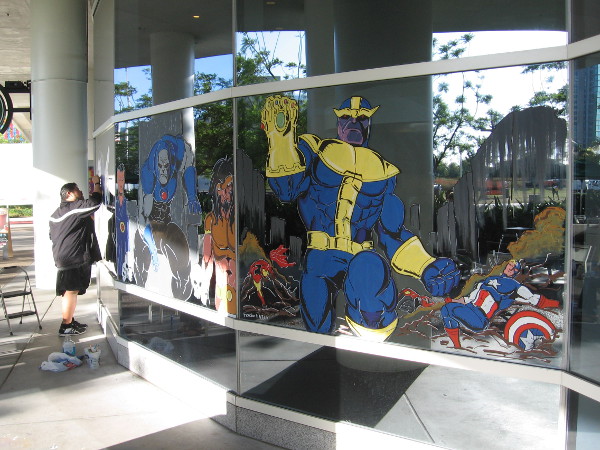 Finally, some fun comic book art has been painted on the windows of the Hilton's Starbucks. A huge Thanos has smashed Captain America! Uh, oh!