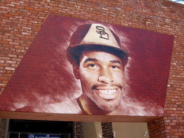 The face of Dave Winfield, a past San Diego Padres superstar, now in the Baseball Hall of Fame, greets fans on the north side of Petco Park's historic Western Metal Supply Co. building.