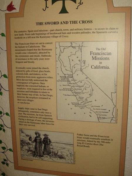 A string of missions was created by Spain in California to secure its claim to new territory. The first mission, in San Diego, was on Presidio Hill near the native Kumeyaay village of Cosoy.