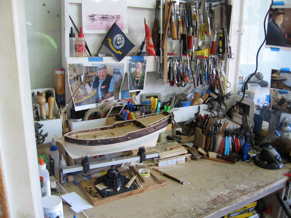 Many fine tools required in the building of model ships can be seen in the workshop.