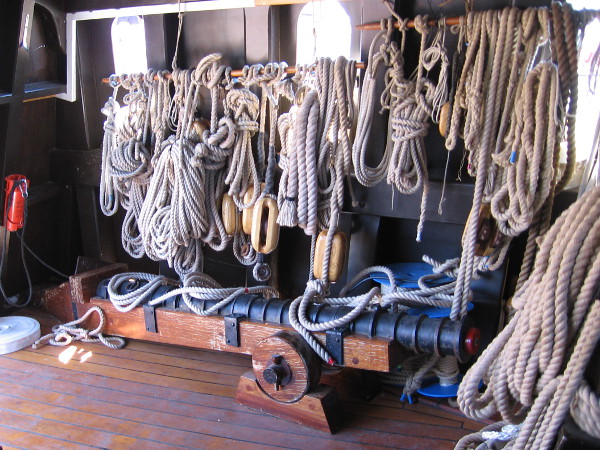 Ropes and a bombard tucked away inside the forward part of the galleon San Salvador.