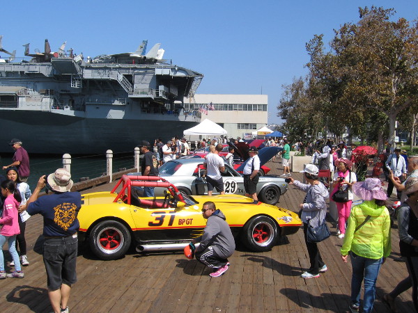 Out on the boardwalk near the USS Midway, cool cars are on display for 2016 Fleet Week in San Diego.