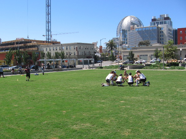 Meanwhile, out on the nearby grass, not far from some folks practicing football, I spot a circle of baseball players...