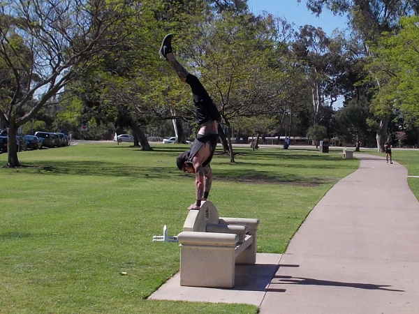 A handstand on a bench. Another sunny day in San Diego.
