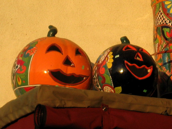 Pottery pumpkins smile outside a gift shop in San Diego's festive Old Town.